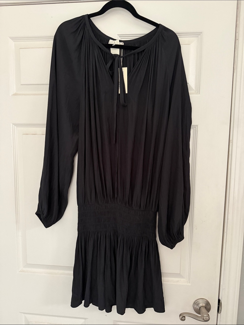 Ramy Brook Black Long-Sleeve Tie-Front Smocked-Waist Dress